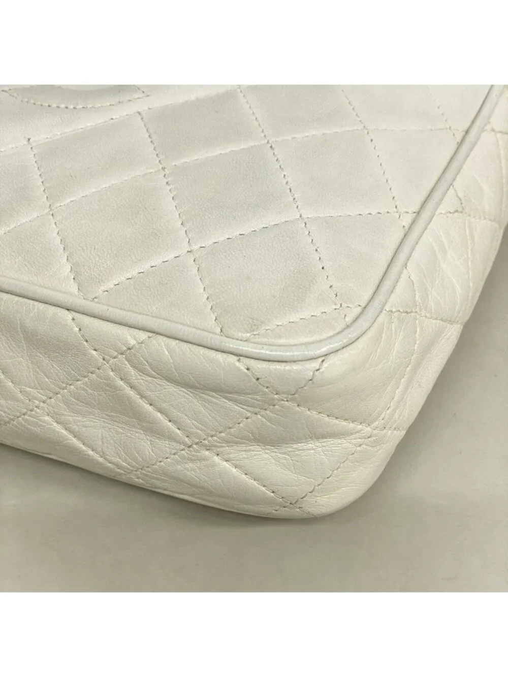 Chanel Shoulder Bag Quilted Lambskin White Gold